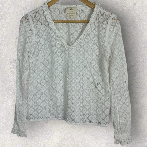Sezane Leonora Blouse Ecru White Size 34 French US 2 V-Neck Ruffle Sheer Lace - Picture 8 of 14